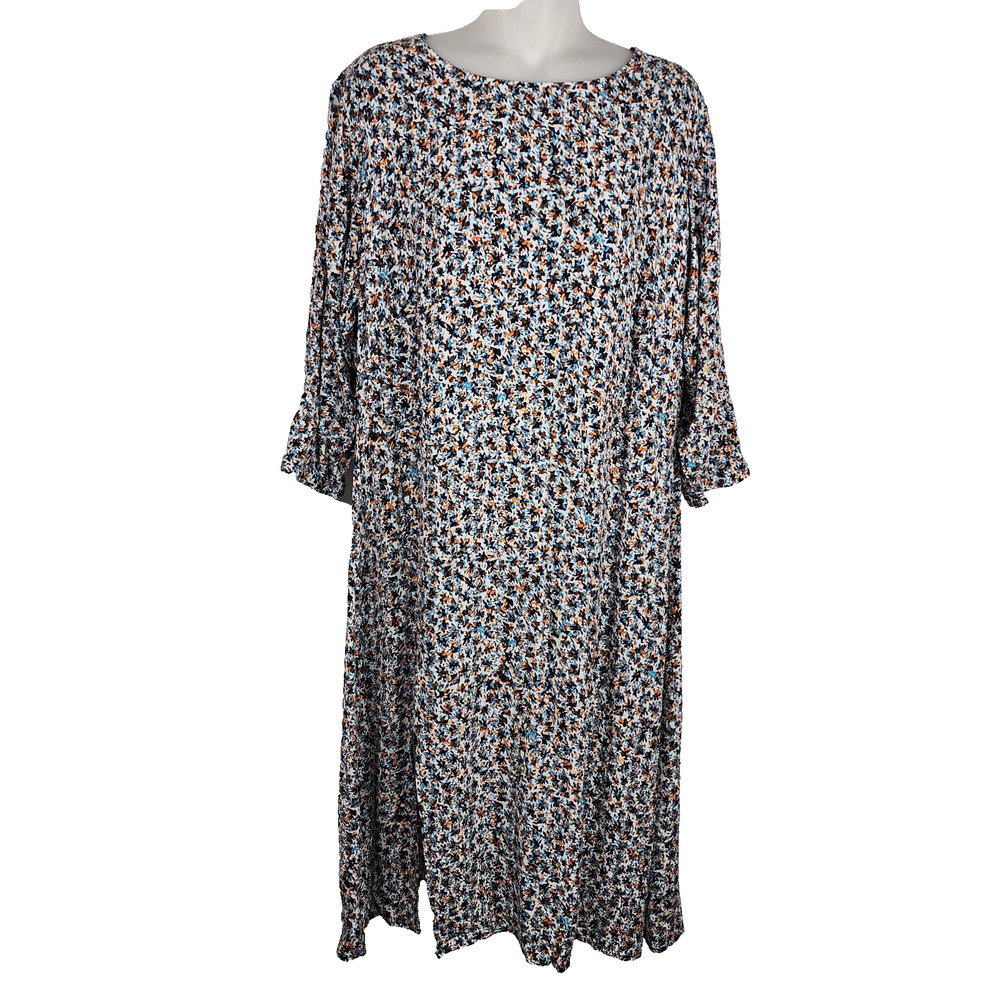 LOFT Plus Womens Midi Shift Dress 16 Colorful Floral 3/4 Sleeves Boho Side Slit